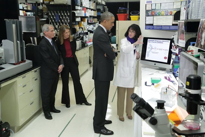 Dr. Nancy Sullivan of NIH’s National Institute of Allergy and Infectious Diseases briefs President B...