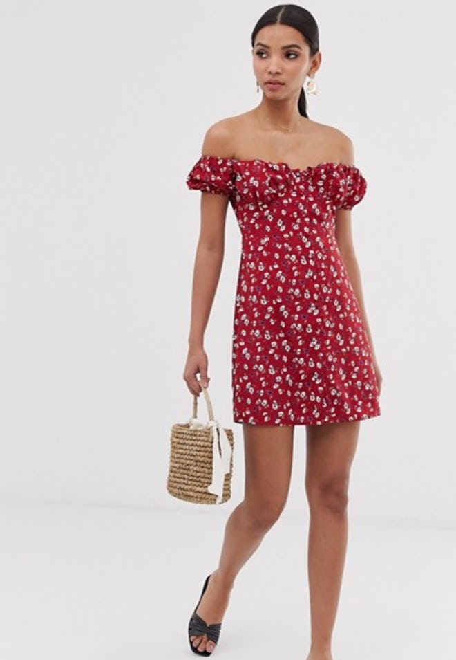 Fashion Union bardot mini dress with ruched bust in floral