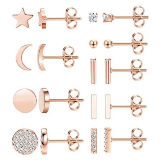 FIBO Stainless Steel And CZ Stud Earring Set (9 Pairs)