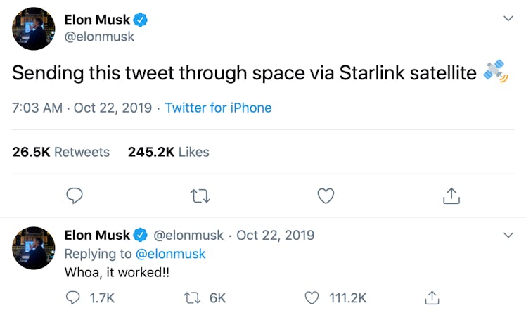 Elon Musk’s Twitter post. The post may be the first tweet shared through SpaceX’s developing Starlin...