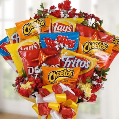 Bisket Baskets has savory food bouquet options like this chip bouquet with Fritos, Cheetos, and Dori...