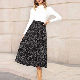 Exlura Womens High Waist Polka Dot Pleated Skirt