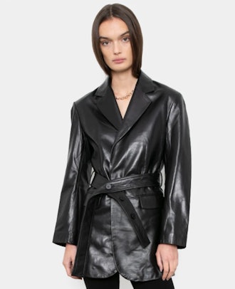 Black Leather Belted Blazer Jacket