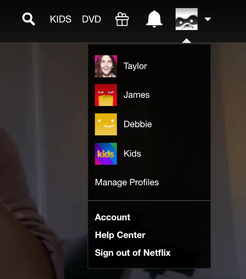 Go to the drop down menu in the top right corner of Netflix's home page and find the "Manage Profile...