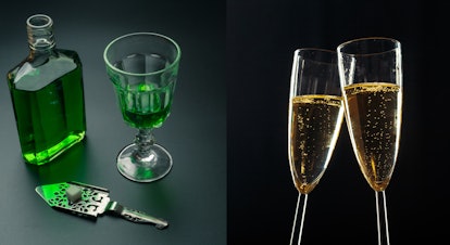 Left image: an absinthe bottle, a glass of absinthe and a stainless steel slotted spoon with the sug...
