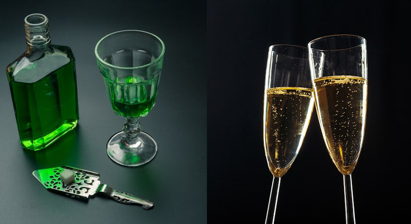 Left image: an absinthe bottle, a glass of absinthe and a stainless steel slotted spoon with the sug...