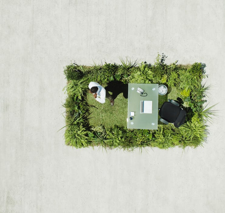 A view from above on the office set on green surface