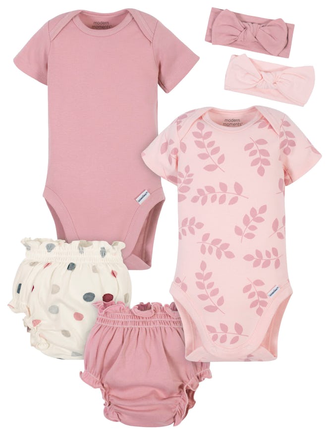 Modern Moments by Gerber Baby Girl Onesies Bodysuits, Diaper Cover, and Headband Set, 6pc
