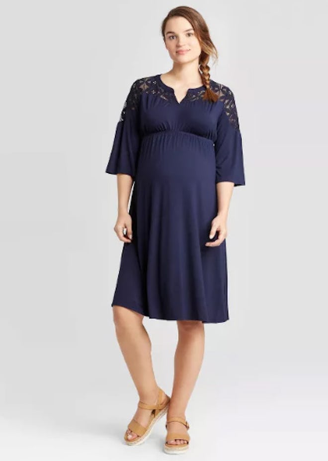 ¾ Sleeve Lace Yoke Knit Maternity Dress 