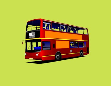 An illustration of a red double decker bus in front of a lime green background