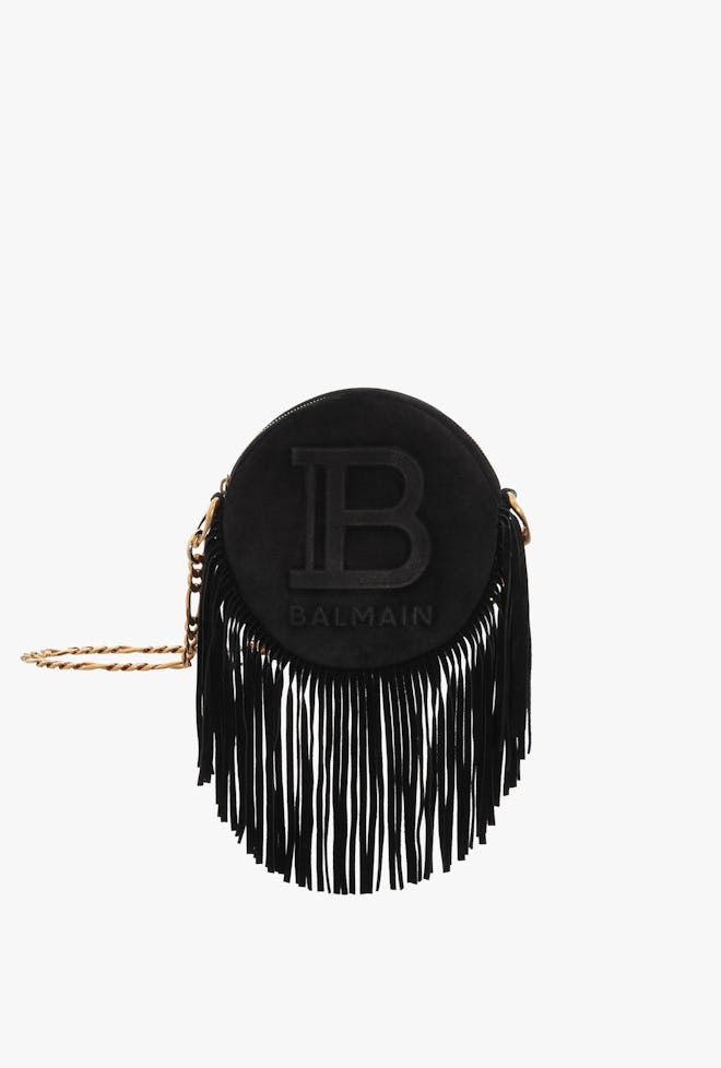 Black Suede Disco Bag With Fringe And Balmain Logo