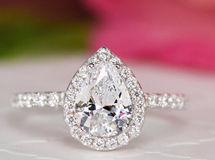 1.5 ctw Pear Halo Promise Ring, Halo Wedding Ring, Man Made Diamond Simulants, Half Eternity Ring, E...