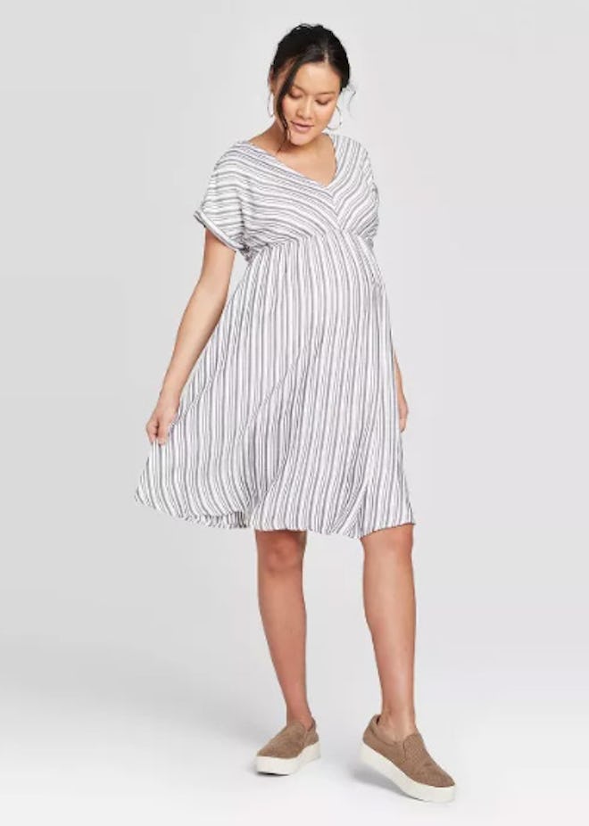 Striped Cuffed Short Sleeve Shirt Maternity Dress