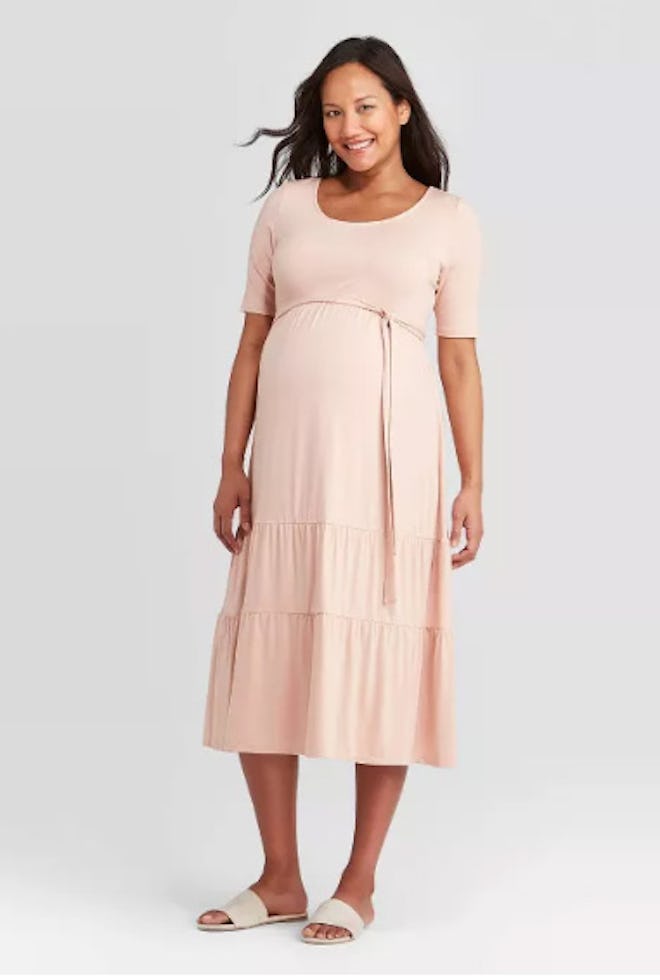 Elbow Sleeve Tiered Knit Maternity Dress 