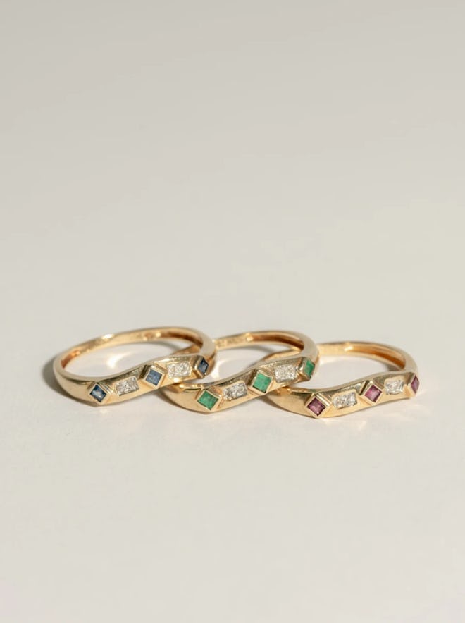 Vintage Diamond, Ruby, Emerald, Sapphire Ring Set
