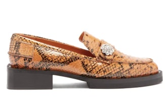 Crystal-button python-effect leather loafers