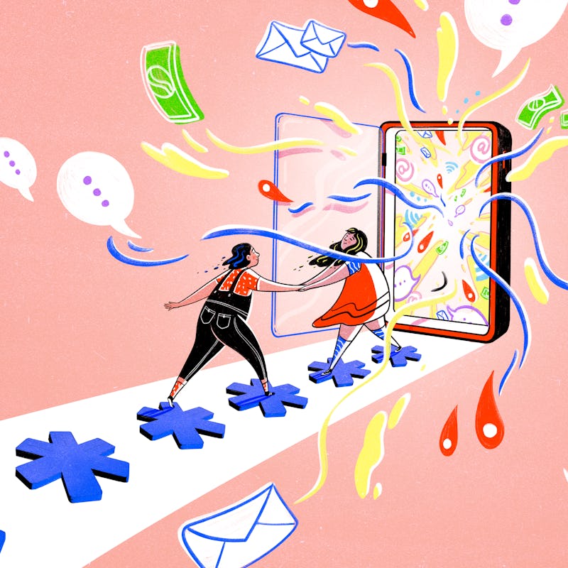 Illustration of a woman taking her partner into her phone