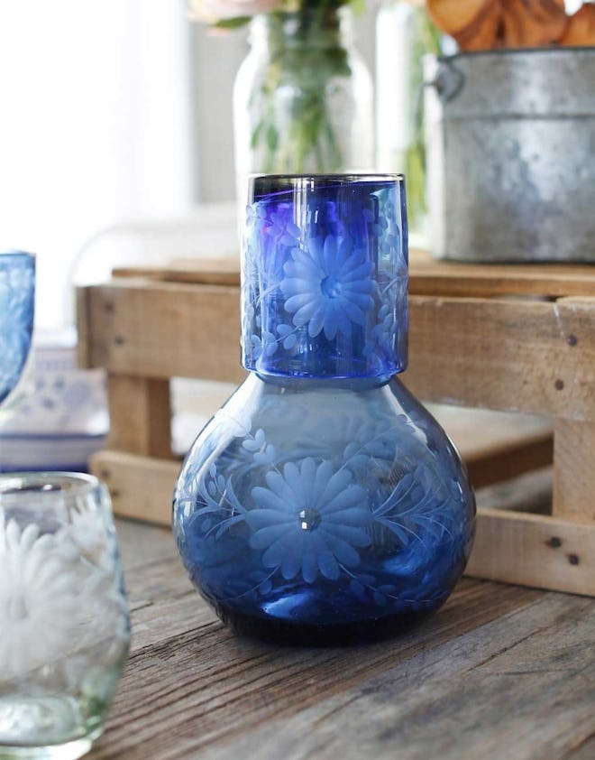 FRENCH BLUE BUREAU PITCHER WITH GLASS Made in Mexico  by artisans using recycled glass