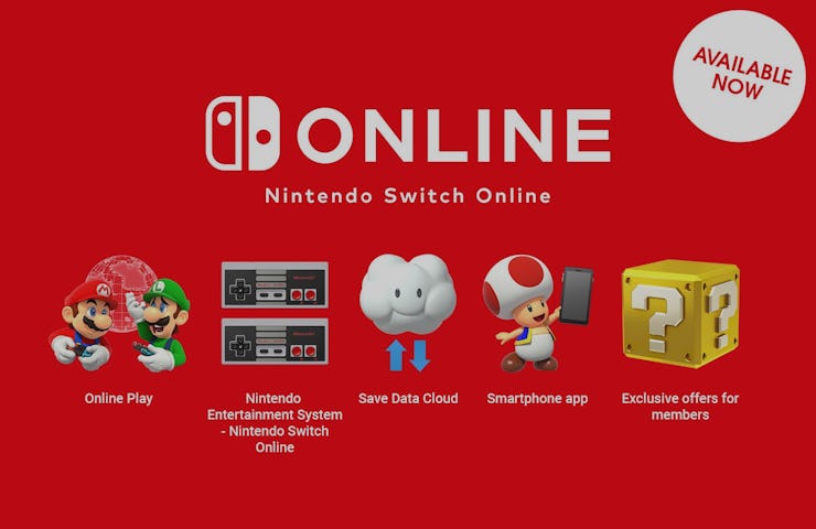 A poster showing Nintendo Switch Online with Super Mario elements