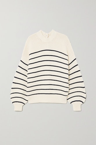 Button-Embellished Striped Cotton Sweater