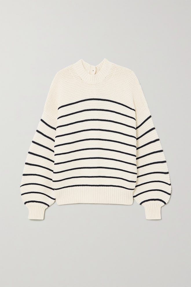 Button-Embellished Striped Cotton Sweater