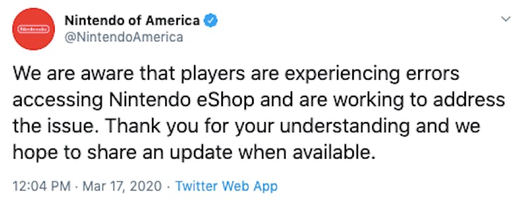 A tweet by Nintendo of America about the error code 2813-9712