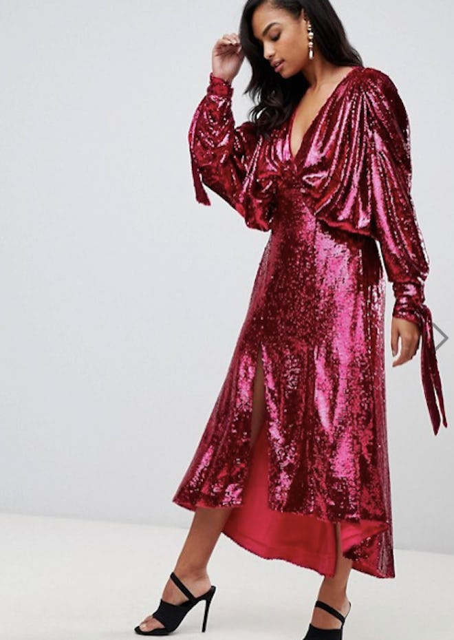 Sequin batwing midi dress with bow detail