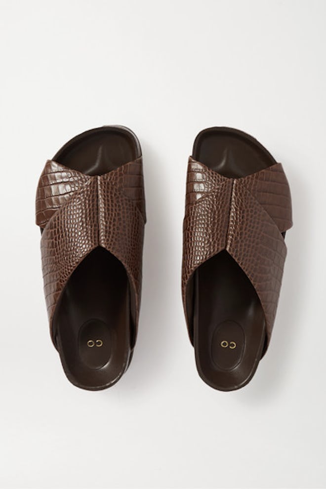 Croc-Effect Leather Slides