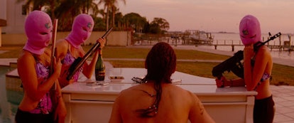 "Spring Breakers" scene of characters in pink phantoms