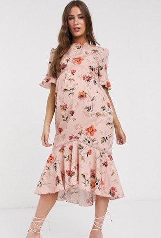 Maternity open back midiaxi dress with ruffle hem in poppy floral