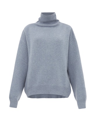 Cropped Displaced-Sleeve Roll-Neck Wool Sweater
