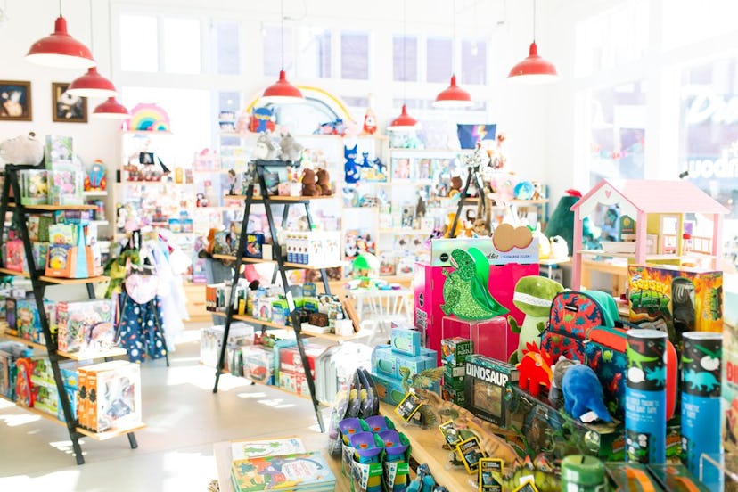 A picture of a whimsical and airy toy shop. 
