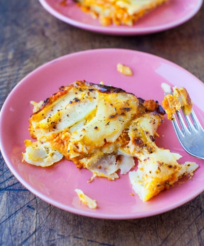 Use up pumpkin puree with this cheesy baked potato casserole.
