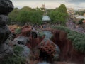 A view from the top of the Splash Mountain ride at Disney World in Florida shows Cinderella's castle...