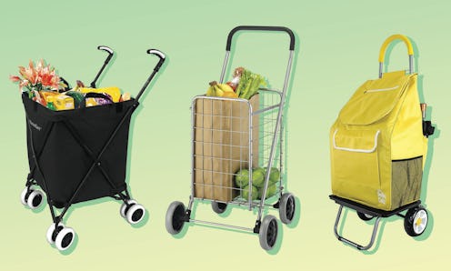 A green-to-yellow gradient background with images of three of the best folding grocery carts collage...