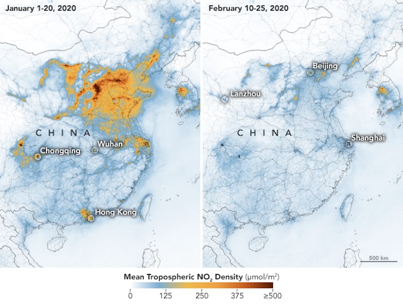 Pollution in China before and after quarantine.