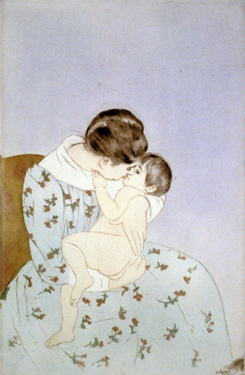A painting of a woman in a blue floral dress holding and kissing her toddler