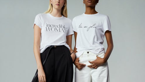 Two ladies posing in white shirts of female-led brands