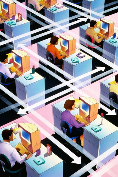 Illustration of people sitting at their desks in a big office