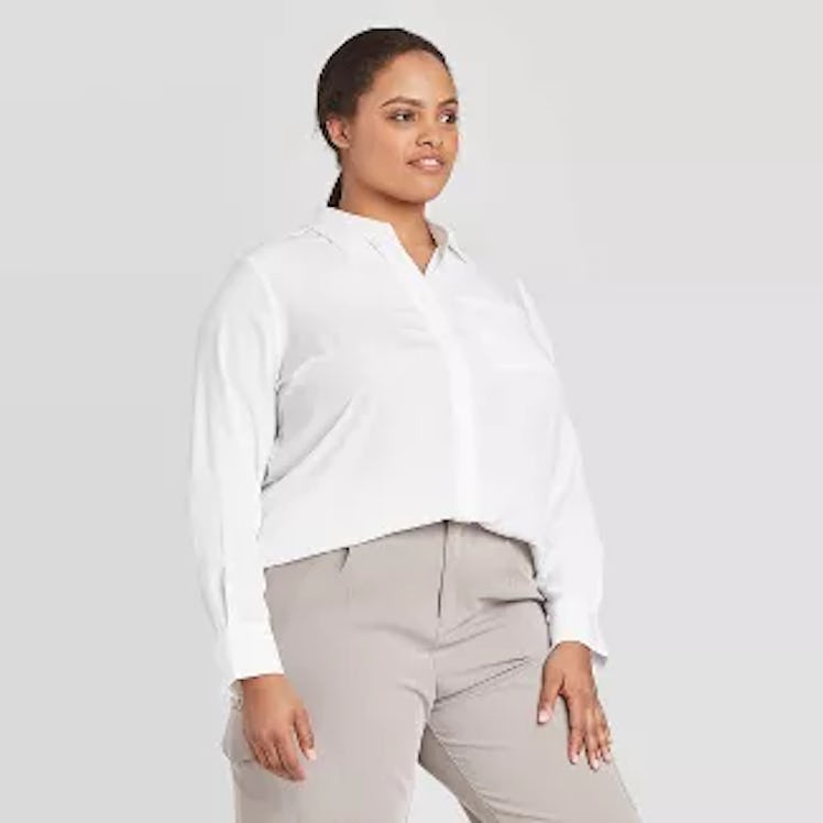 Prologue Women's Plus Size Long Sleeve Essential Button-Down Blouse
