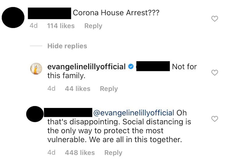 Actress Evangeline Lilly wrote that her family would not be on "house arrest" when it comes to coron...