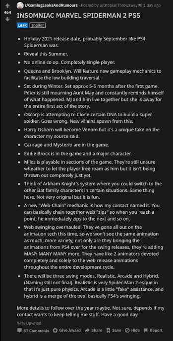 Spider Man 2 Ps5 Leak Teases Release Date Plot And More For The Sequel