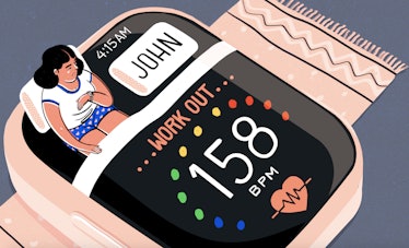 Illustration of a woman lying in a bed that is shaped like an apple watch 