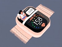 Illustration of a woman getting into a bed that is shaped like an apple watch 