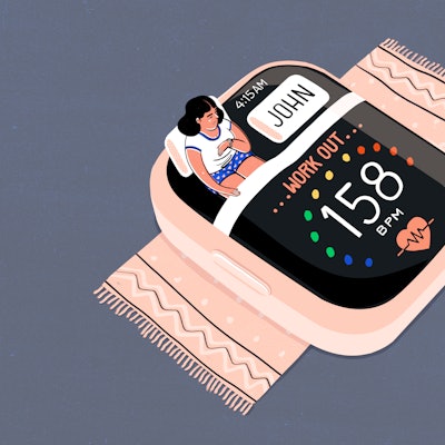 Illustration of a woman getting into a bed that is shaped like an apple watch 