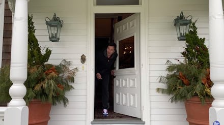 Jimmy Fallon peeks out his front door while social distancing during the coronavirus pandemic.