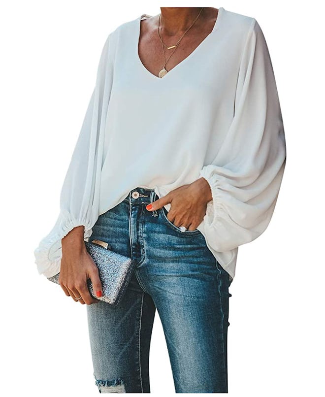 BELONGSCI Casual Balloon Sleeve V-Neck Blouse