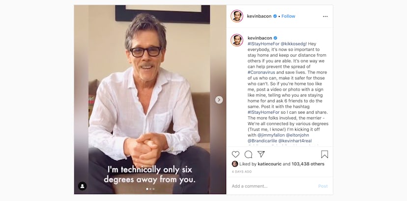 Kevin Bacon on Instagram. The caption reads, "I'm technically only six degrees away from you."
