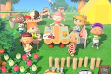 A screenshot from the game Animal Crossing: New Horizons with eight customized characters