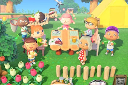 A screenshot from the game Animal Crossing: New Horizons with eight customized characters